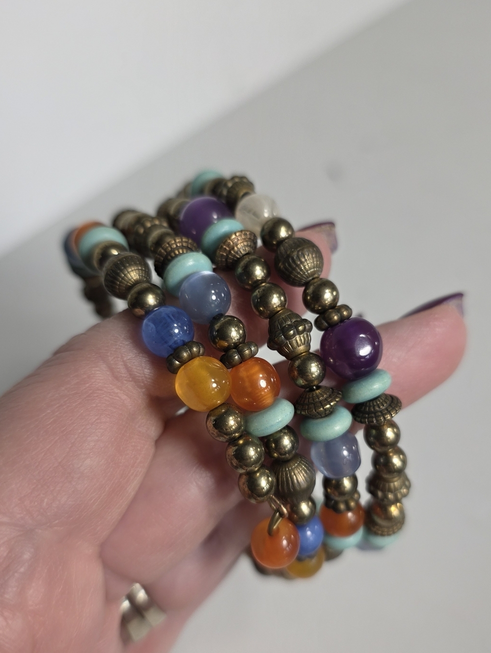 Multicolor Beaded Coil Bracelet - Gold Blue Orange Purple Yellow Women's Jewelry